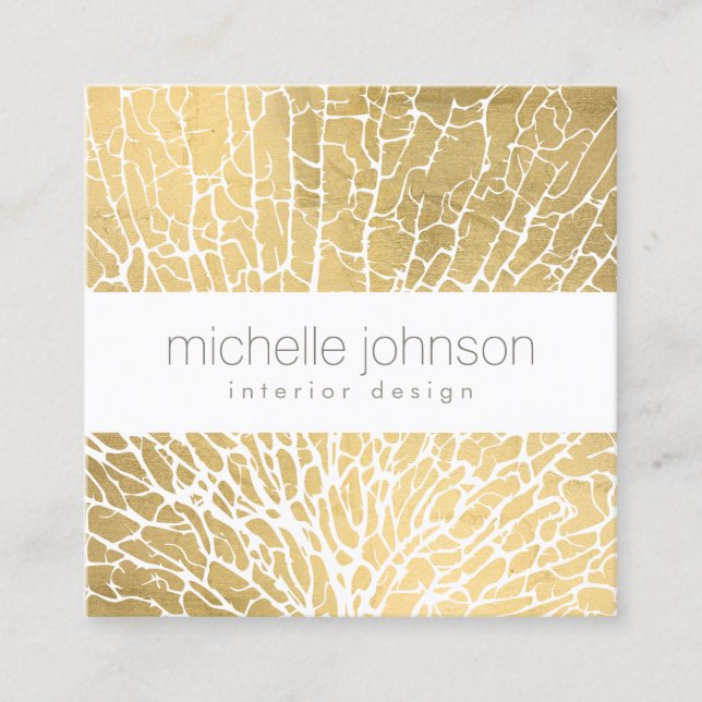 Faux Gold Sea Fan Coral Pattern Square Business Card (Front)