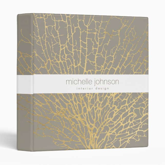 Faux Gold Sea Fan Pattern Designer Gray 3 Ring Binder (Front/Spine)