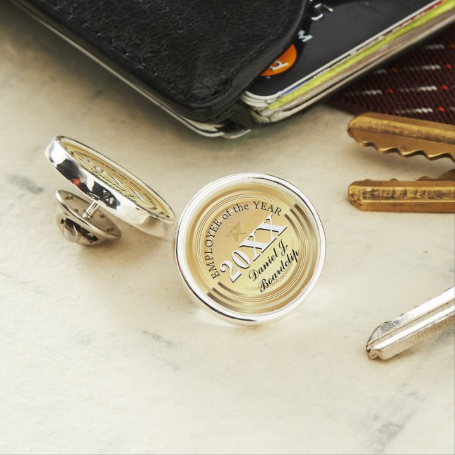 Faux gold seal personalized employee of the year lapel pin (In Situ)