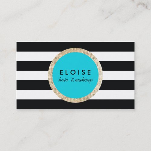 Faux Gold Sequin Black and White Striped Turquoise Business Card