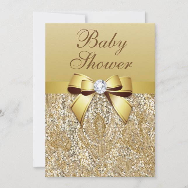 Faux Gold Sequins and Bow Baby Shower Invitation (Front)