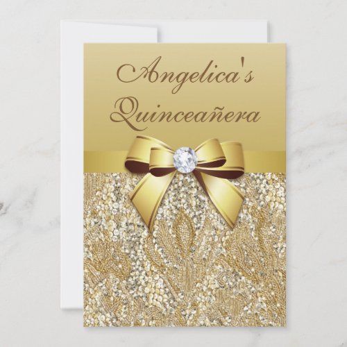 Faux Gold Sequins and Bow Quinceaera Invitation
