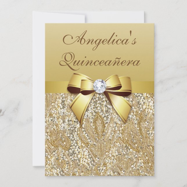 Faux Gold Sequins and Bow Quinceañera Invitation (Front)