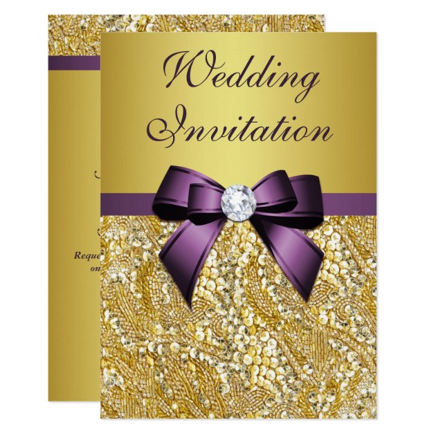 faux gold sequins diamonds purple bow wedding invitation zazzle com wedding invitations with purple ribbon