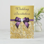 Faux Gold Sequins Diamonds Purple Bow Wedding Invitation (Standing Front)