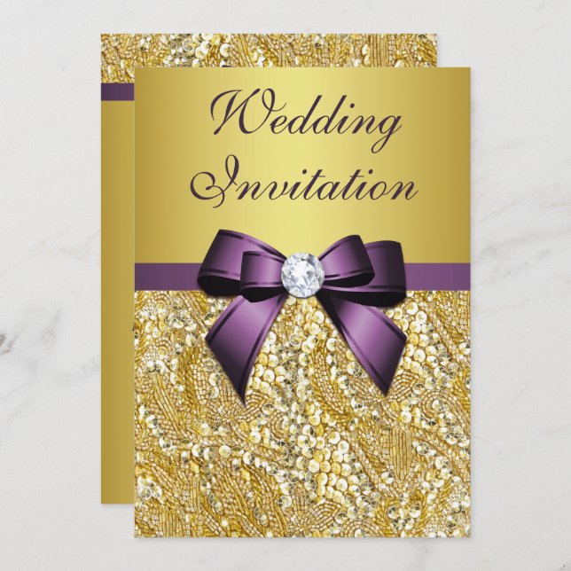 Faux Gold Sequins Diamonds Purple Bow Wedding Invitation (Front/Back)