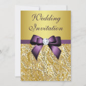 Faux Gold Sequins Diamonds Purple Bow Wedding Invitation (Front)