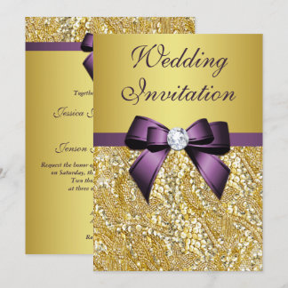 Faux Gold Sequins Diamonds Purple Bow Wedding Invitation