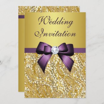 Faux Gold Sequins Diamonds Purple Bow Wedding Invitation by GroovyGraphics at Zazzle