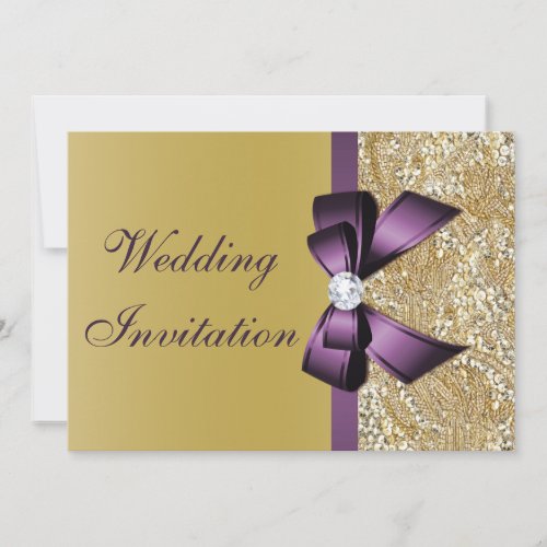 Faux Gold Sequins Purple Bow Wedding Invitation