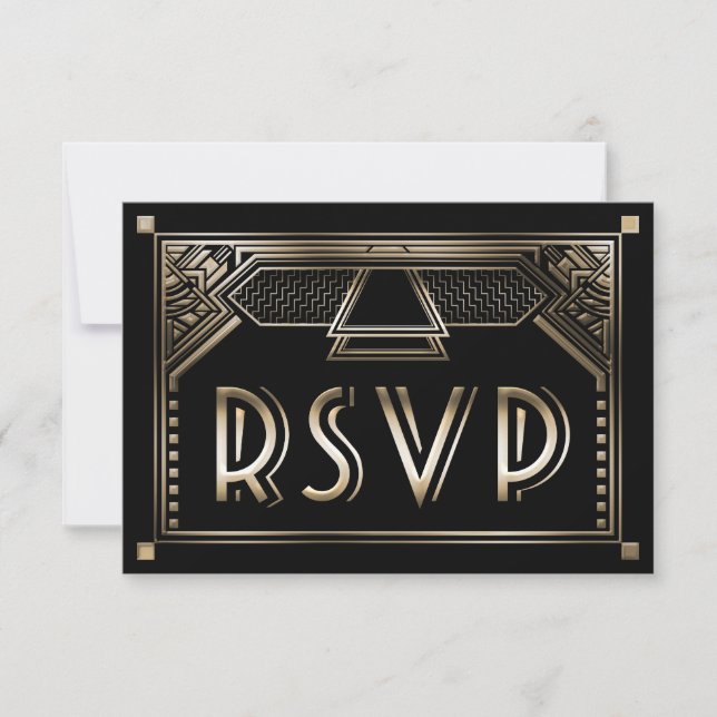 Faux Gold Shaded Gatsby Art Deco Wedding RSVP (Front)