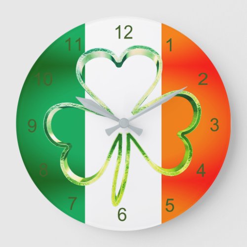 Faux Gold Shamrock Clover Irish Flag Large Clock