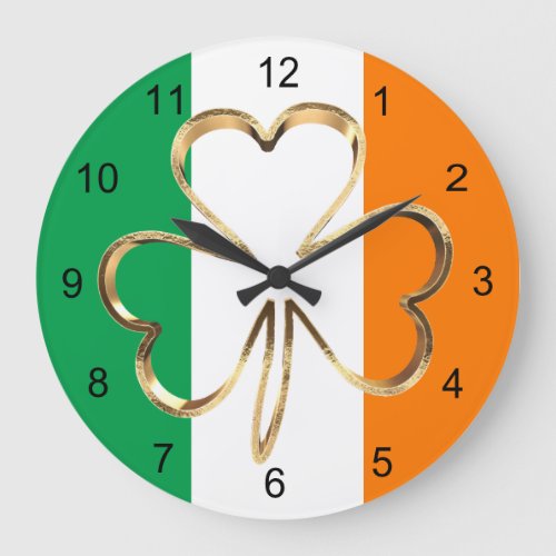 Faux Gold Shamrock Clover Irish Flag Large Clock