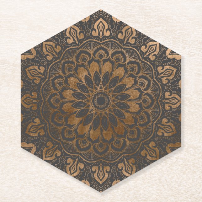 Faux Gold Shimmer Mandala Paper Coaster (Front)