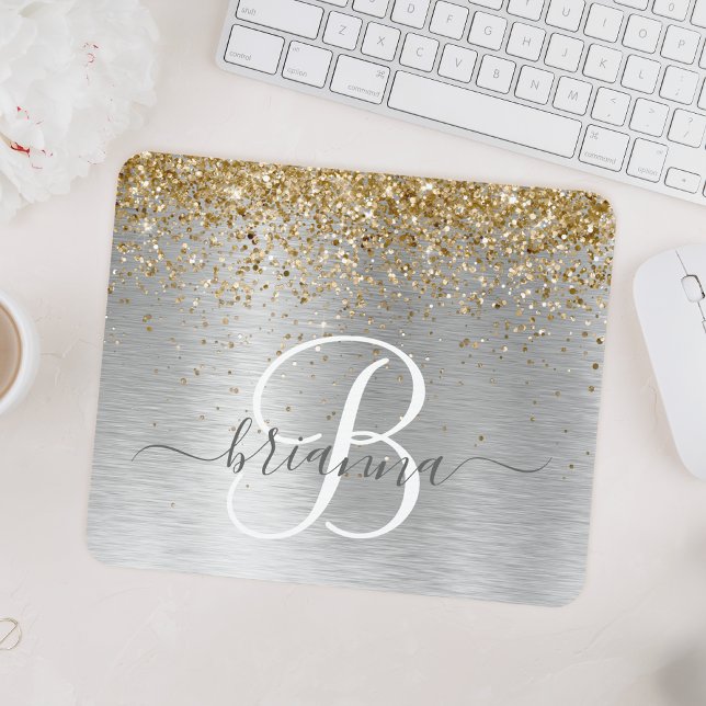 Faux Gold Silver Brushed Metal Glitter Monogram Mouse Pad (Creator Uploaded)