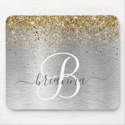 Faux Gold Silver Brushed Metal Glitter Monogram Mouse Pad