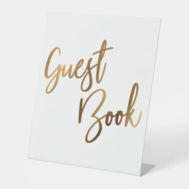 Faux Gold Simple Typography Guest Book Pedestal Sign (Front)