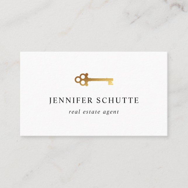 Faux Gold Skeleton Key Modern High End Real Estate Business Card (Front)