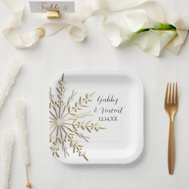 Faux Gold Snowflake Winter Wedding Paper Plates (Wedding)