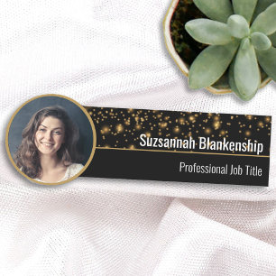 Faux Gold Sparkles Custom Photo Professional Name Tag