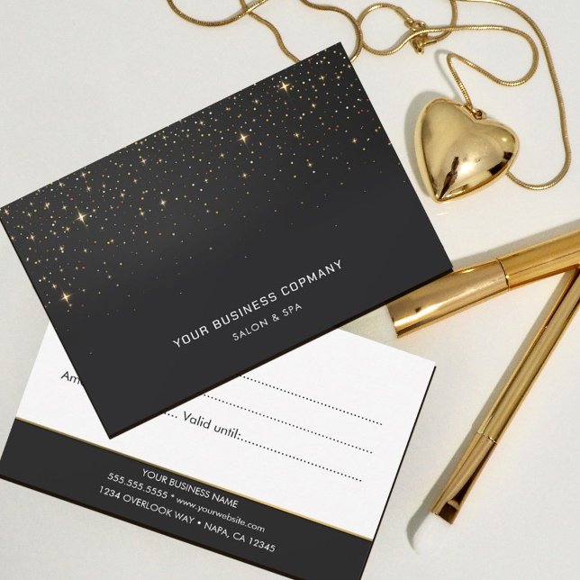 Faux Gold Sparkles On Black gift certificate (#GoldGlitterLashBeauty #blackandgold #simple #modern #sparkles #sepiagoldsequin #luxury #faux)