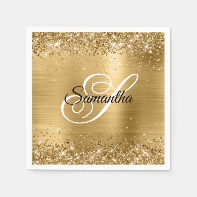 Faux Gold Sparkly Glitter and Foil Fancy Monogram Napkins (Front)