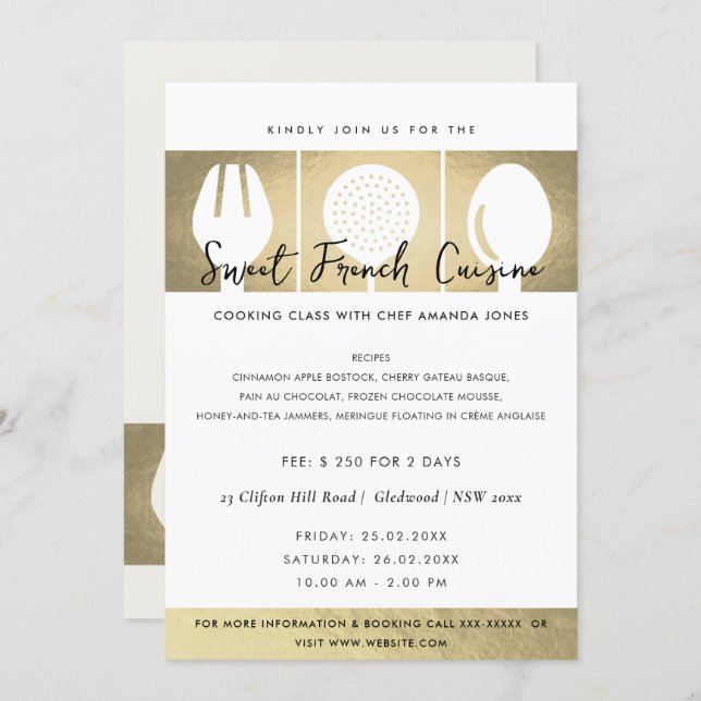 FAUX GOLD SPOON FORK COOKERY CLASS INVITE TEMPLATE (Front/Back)