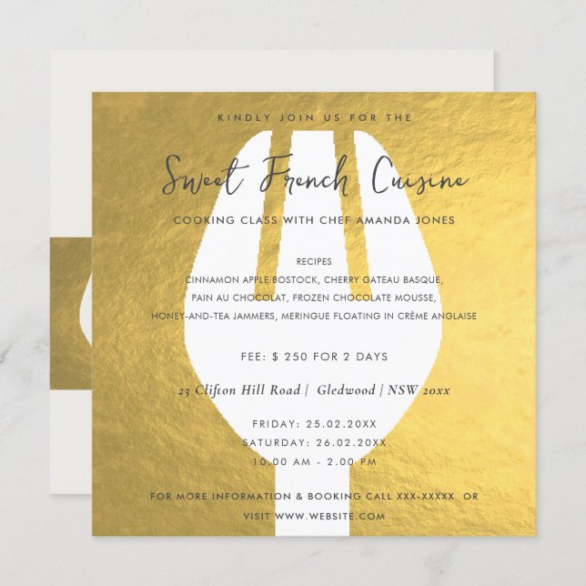 FAUX GOLD SPOON FORK COOKING CLASS INVITE TEMPLATE (Front/Back)