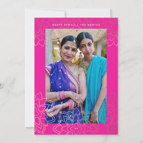 Faux Gold stamp lotus Magenta Happy Diwali Photo Holiday Card