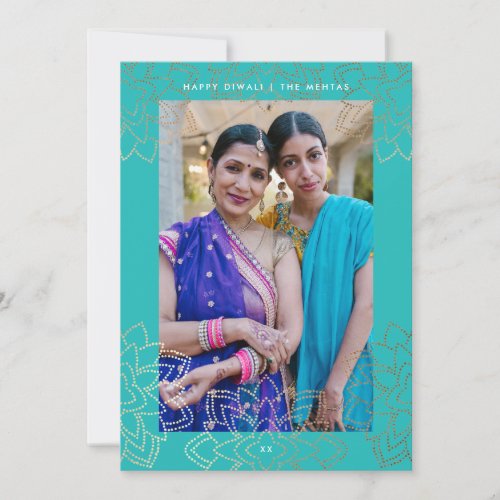 Faux Gold stamp lotus Turquoise Happy Diwali Photo Holiday Card
