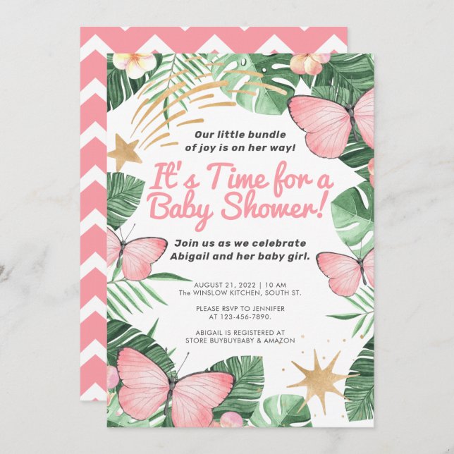 Faux Gold Star & Pink Butterfly Girl Baby Shower Invitation (Front/Back)