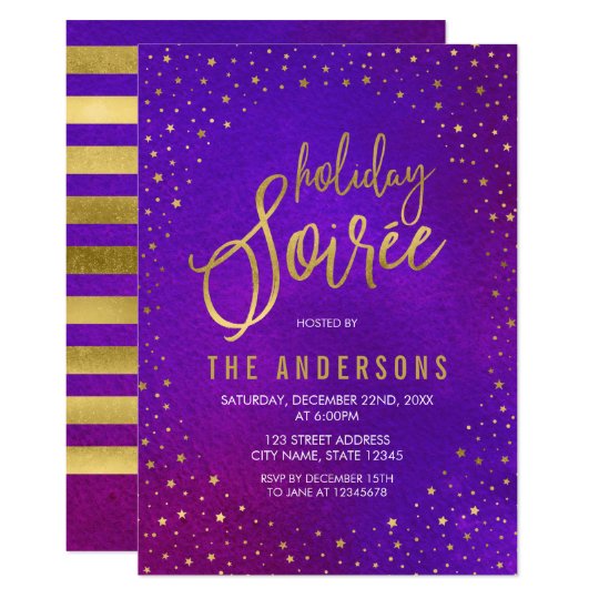 faux gold starry purple watercolor holiday soiree invitation