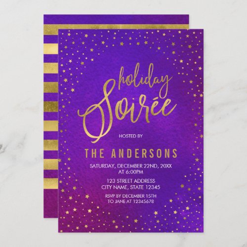 Faux Gold Starry Purple Watercolor Holiday Soiree Invitation