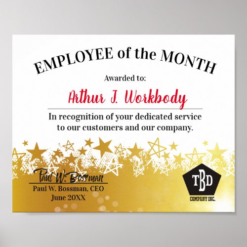 Faux gold stars employee of the month certificate poster