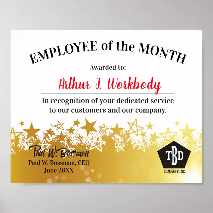 Faux Gold Stars Employee Of The Month Certificate Poster Zazzle Com