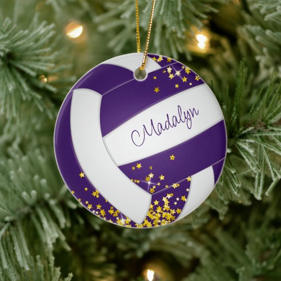 faux gold stars girls sports purple volleyball ornament