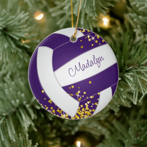 faux gold stars girls sports purple volleyball  ceramic ornament