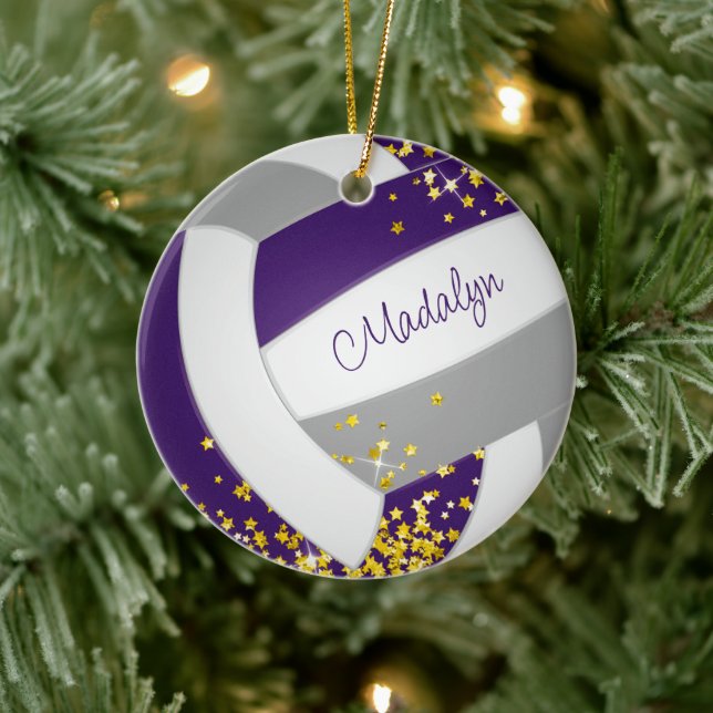 faux gold stars on girls purple gray volleyball  ceramic ornament (Tree)