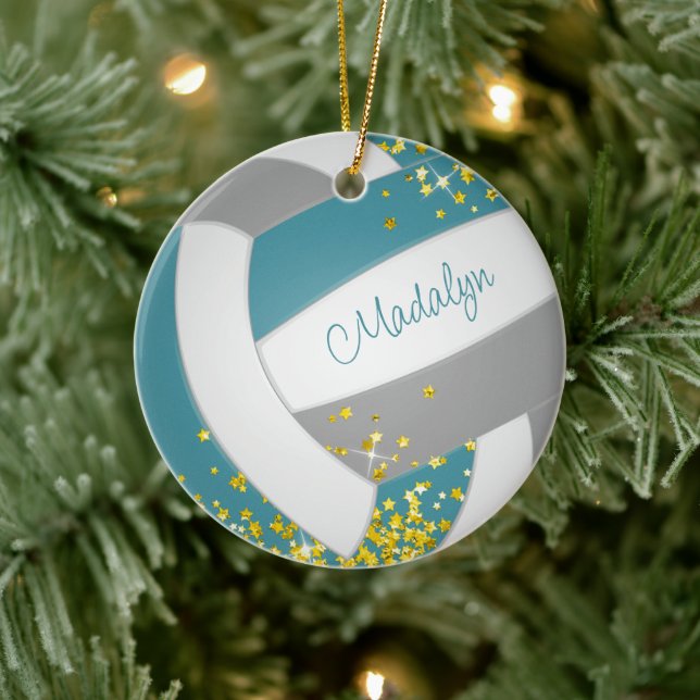 faux gold stars on girls teal gray volleyball  ceramic ornament (Tree)