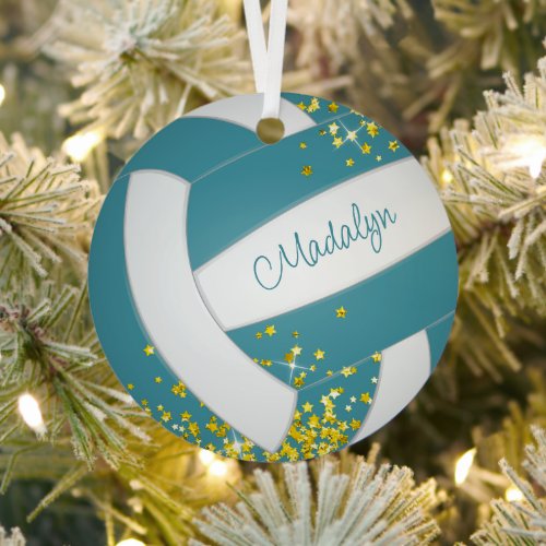 faux gold stars teal volleyball w girls name  metal ornament