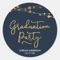 Faux Gold Strings of Lights Blue Graduation Party Classic Round Sticker
