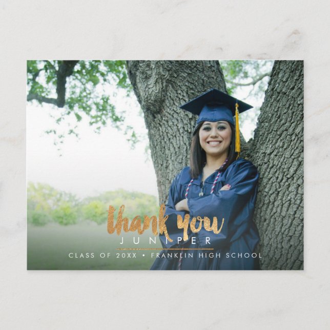 Faux Gold Stylish Script Graduation Thank You Postcard (Front)