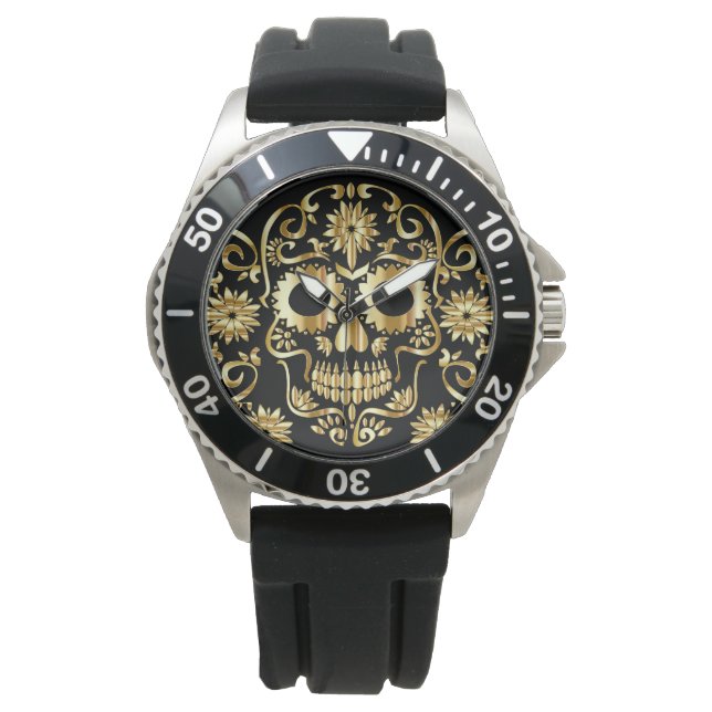 Faux Gold Sugar Skull Print Watch (Front)
