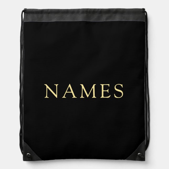 Faux Gold Text Names Simple Design Template Black Drawstring Bag (Front)