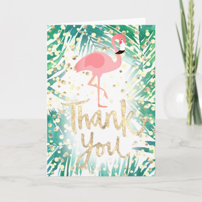 faux gold thank you script flamingo on palm leaves (Front)