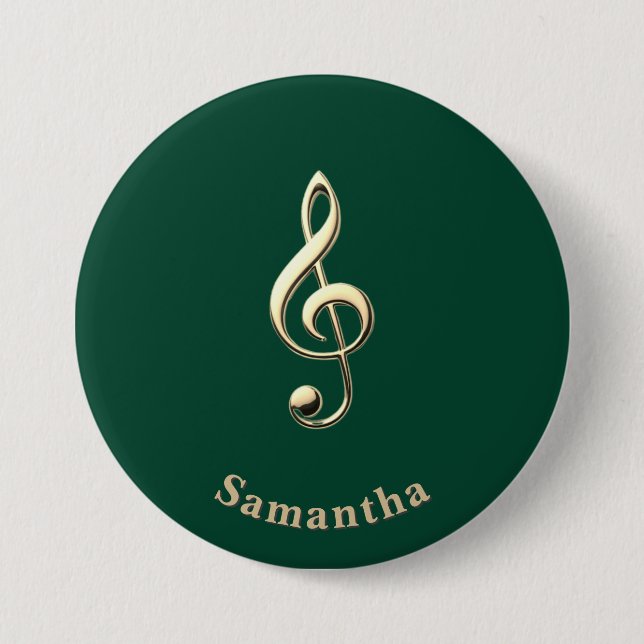 Faux Gold Treble Clef Green Personalized Button (Front)