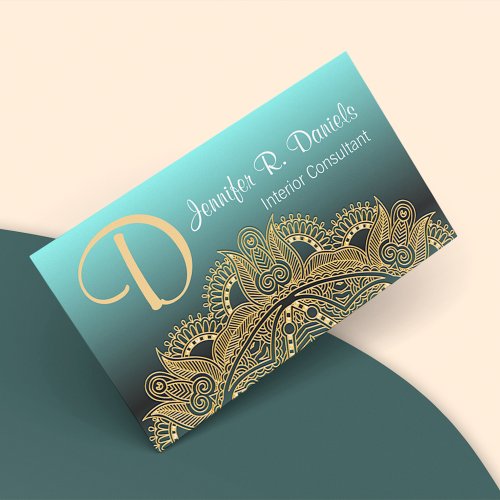 Faux Gold Trendy Mandala Motif On Teal Blue Green Business Card