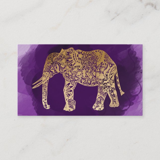 faux gold tribal elephant purple brushstroke business card (Front)