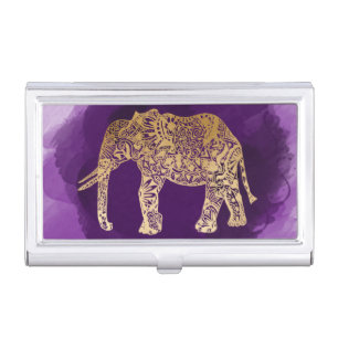 faux gold tribal elephant purple brushstroke business card holder