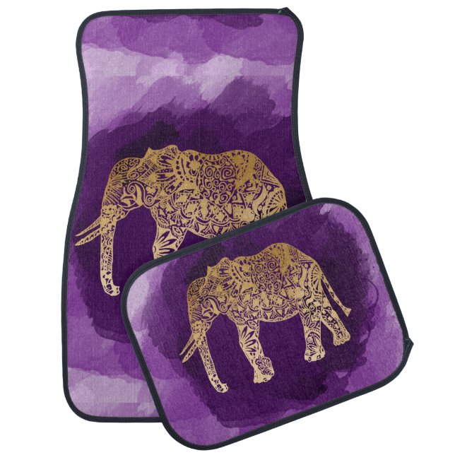 faux gold tribal elephant purple brushstroke car floor mat (Set)